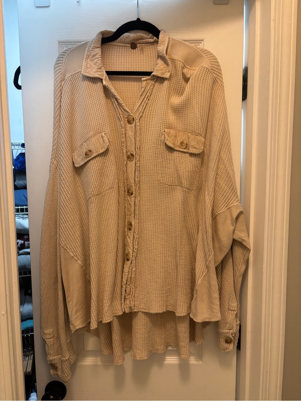 Free People Beige Waffle Knit Button-Down Shirt